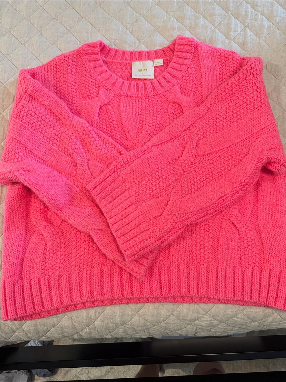 Anthropologie Maeve oversized Hot Pink Cable-Knit Crewneck Sweater